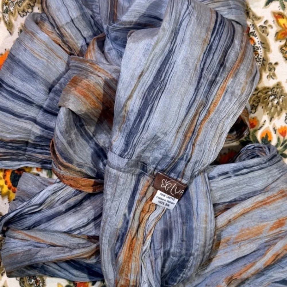 Lua 100% Silk Infinity Scarf Crinkled Abstract‎ Stripe Blue Orange Grey Vietnam